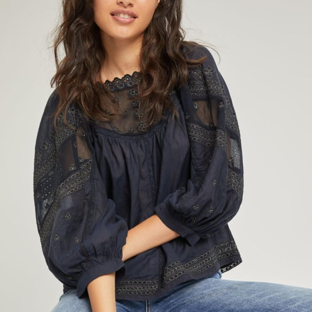 Anthropologie Jaslyn Navy Blue Embroidered Lace Blouse Size XS